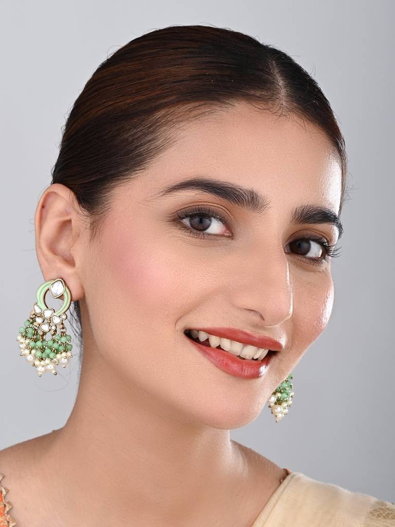 Gold-Plated Meenakari Stud Earrings With Kundan & Pearl Cluster Drops : S24FAER408SGR
