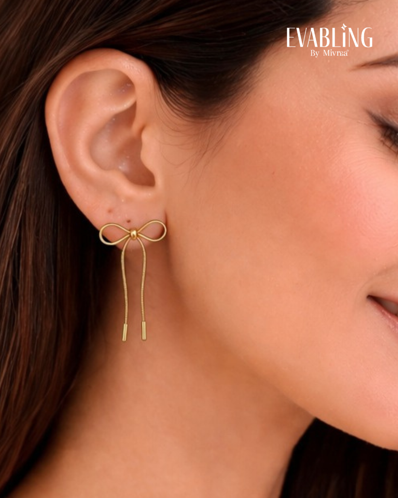 Twin Heart Bow Chain Drop Earrings : EBE13