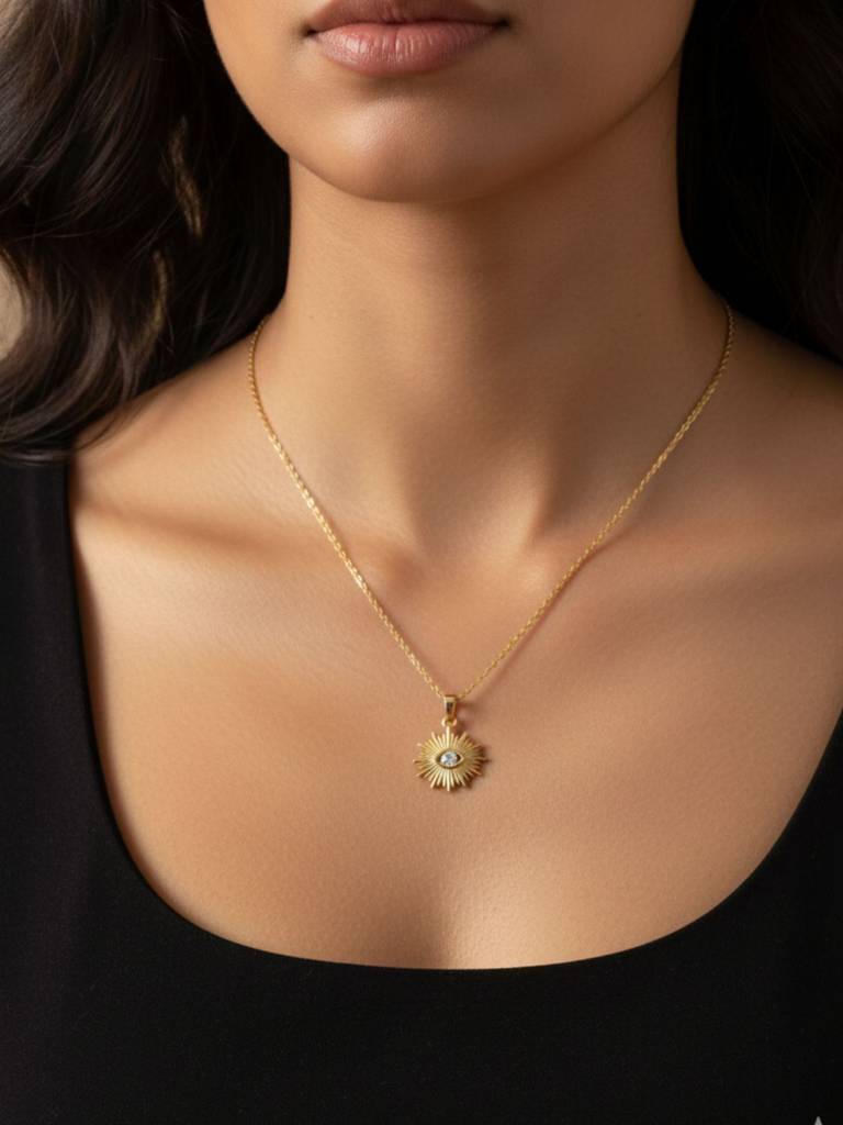 Anti-Tarnish Evil Eye White Stone Pendant Chain | 18K Gold Cz Jewelry : ATC646EEWC