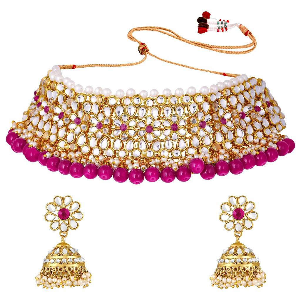 Peora Wedding Kundan Faux Pearl Choker Necklace Earring Traditional Jewellery Set For Women : PF25N1161RP
