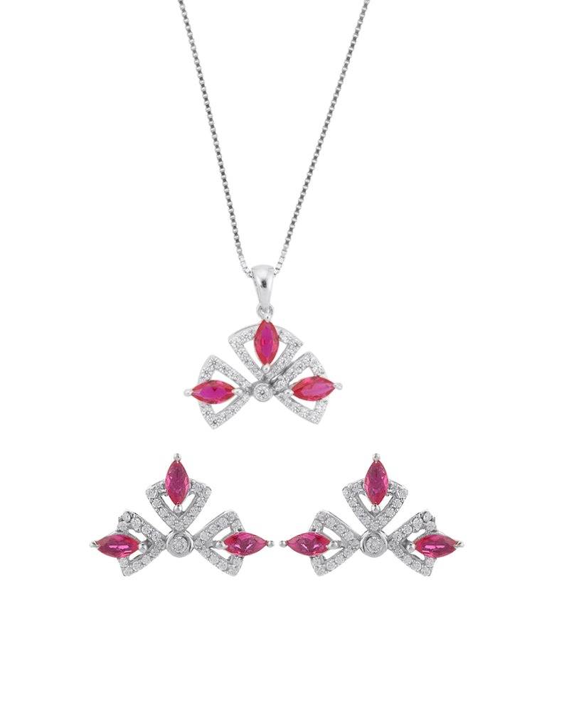Elegant Pink Cz Stone Pendant & Earrings Jewelry Set : JS-10005-R