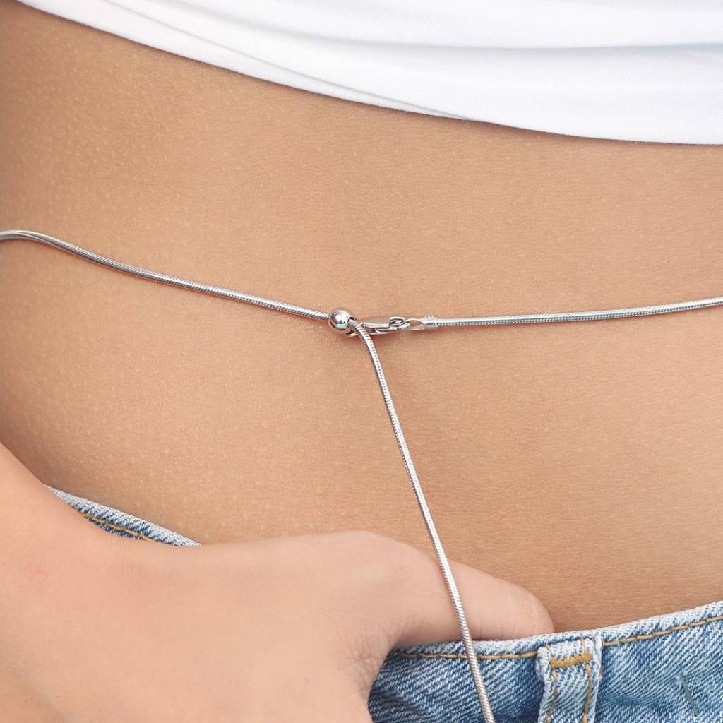 Minimal Rhodium Plated 925 Sterling Silver Snake Chain Sliding Waist Chain : WC-10010-R-36-INCH
