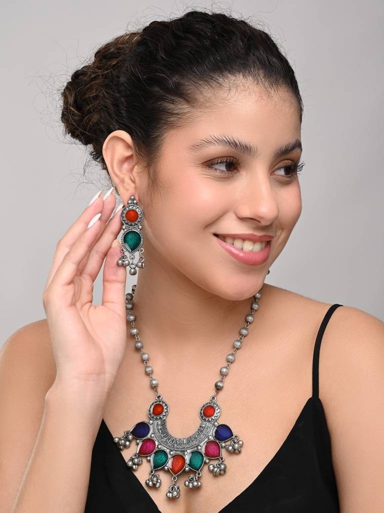 Silver Oxydised Finish Crescent Pendant Necklace Set : S24MRNS308MLT
