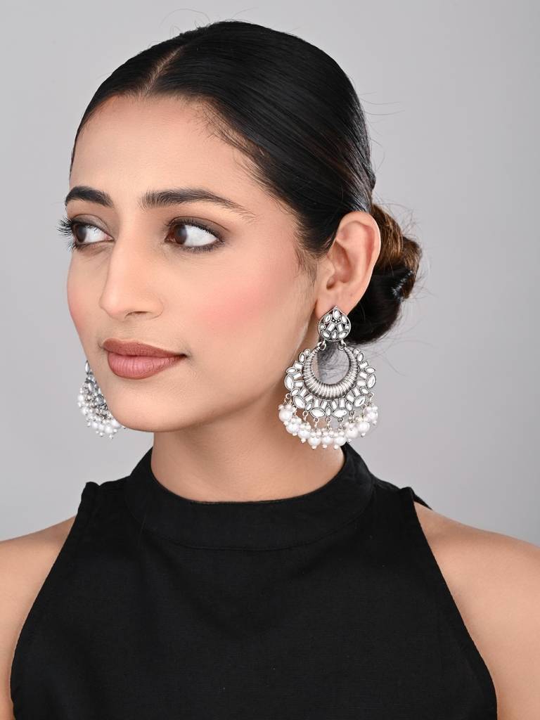 Silver Plated Chandbali With Pearl Drops : S24KCER439SLV