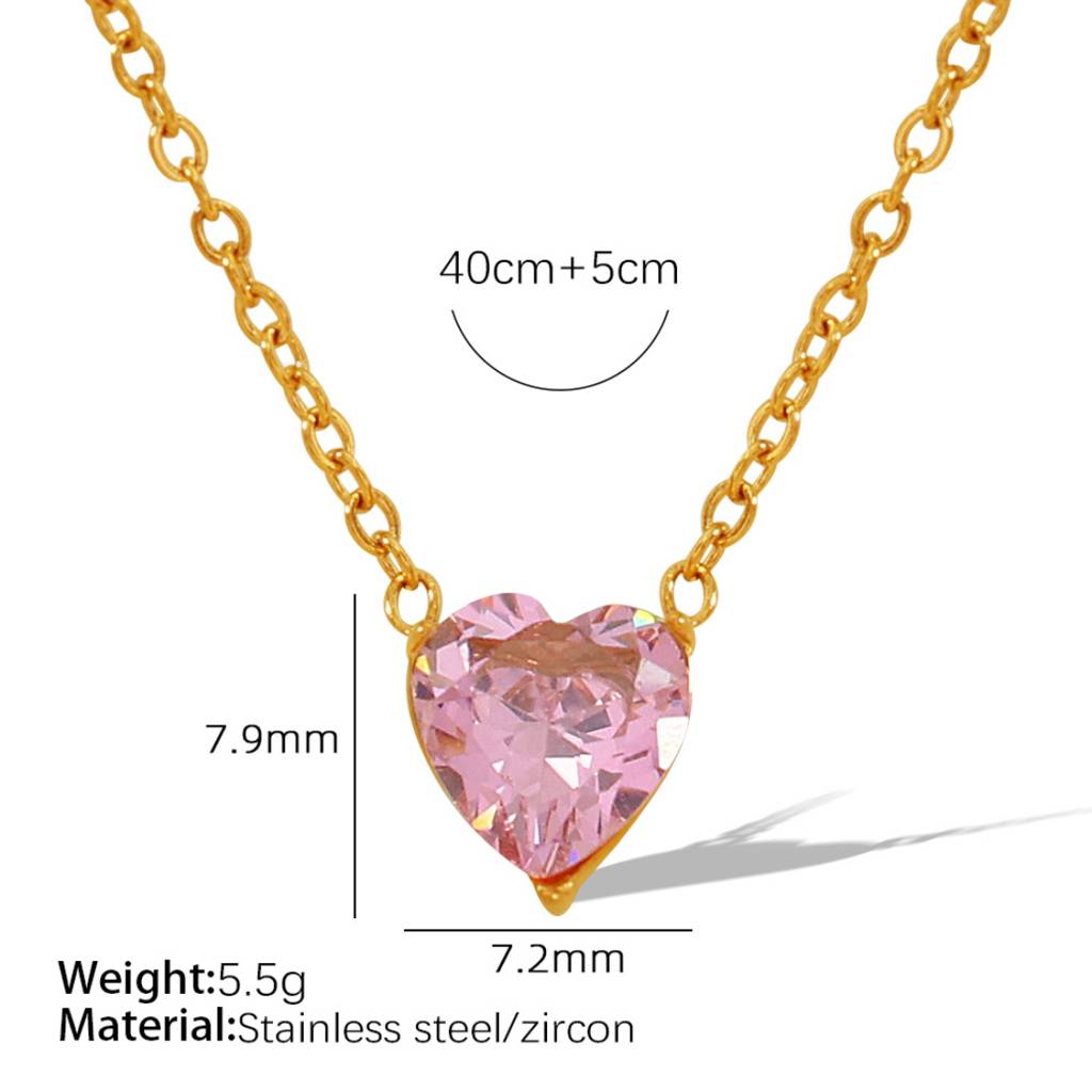 18K Gold Plated Waterproof, Anti-Tarnish White/ Pink Heart Zircon Pendant Necklace : AOU0125PN90PK