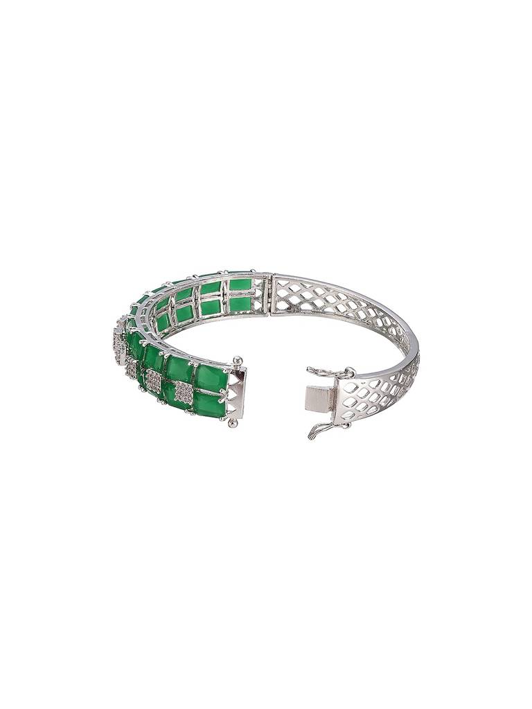 Silver Plated Green Emerald  Zircon Minimal Luxe Bridal Kada Bracelet : SJBR2930