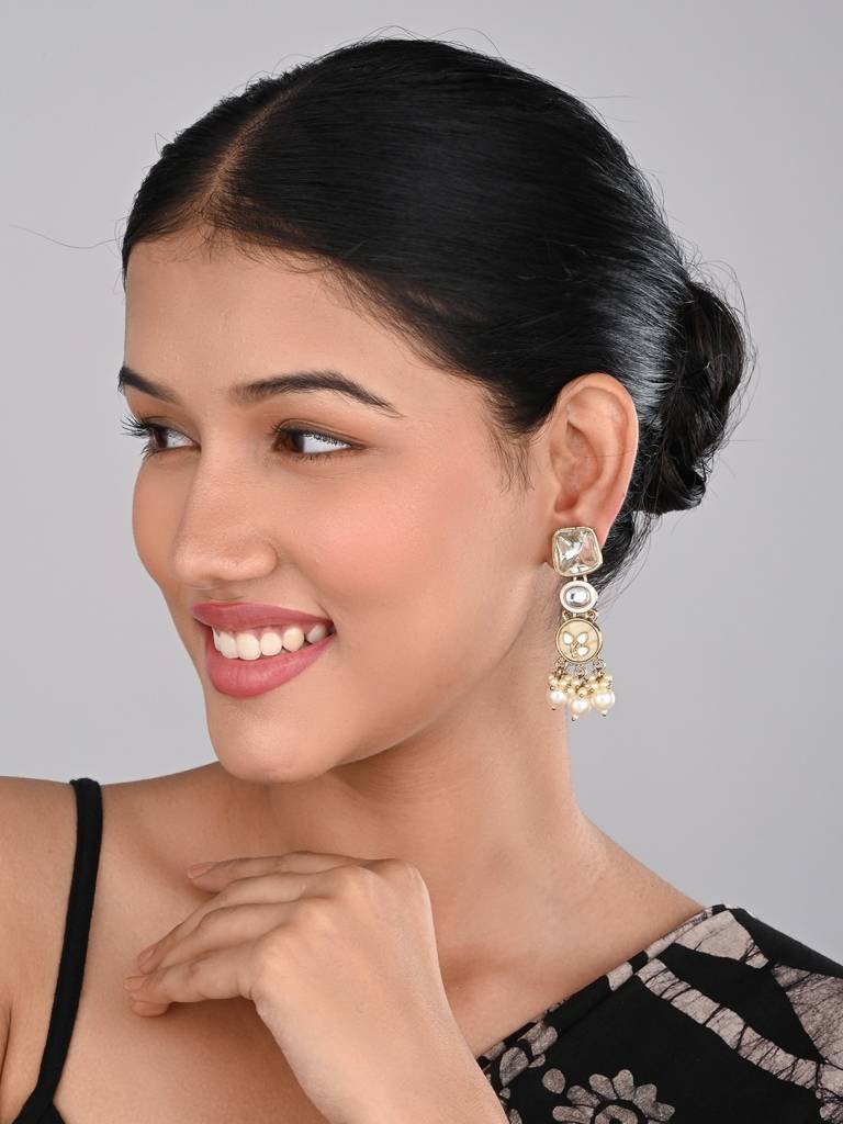Meenakari & Kundan Drop Earring Gold & White : S24FAER372GLD