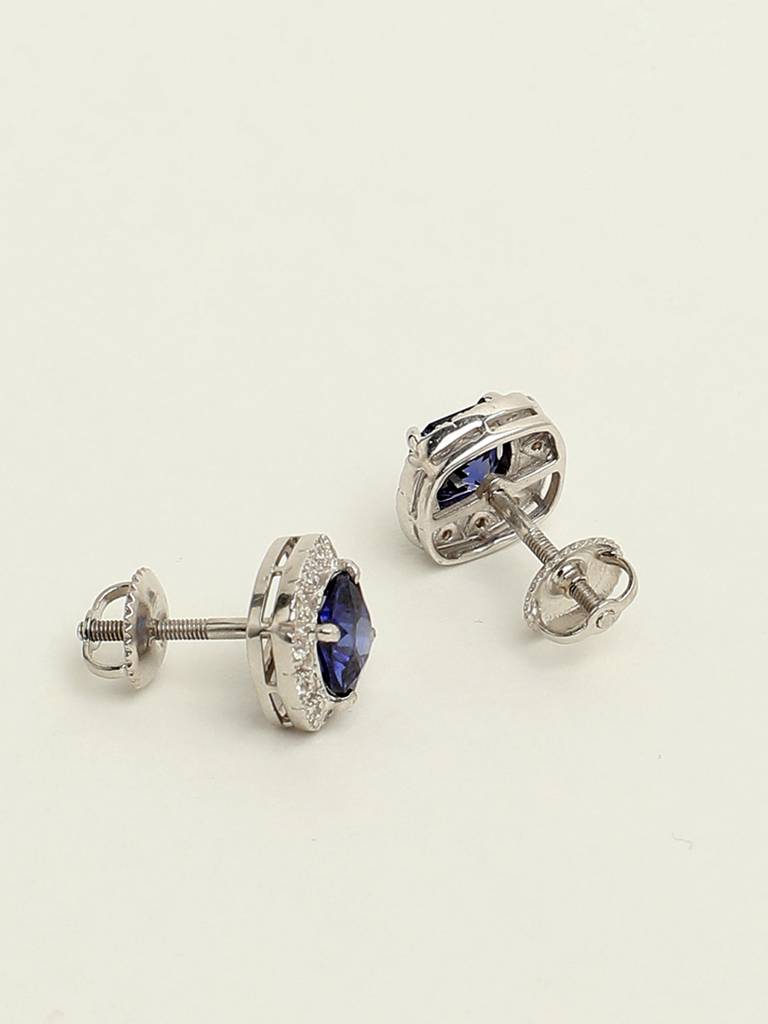 92.5 Sterling Silver Rhodium Plated Swiss Zirconia Royal Blue Cushion Stud Earrings With Screw Back Gift For Wo : CSCLRE2CU_BS