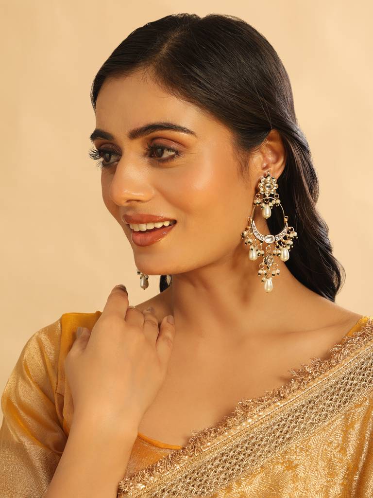 22K Gold Plated Crescent Kundan Drop Stone Chandbali Earrings : YI24A0429E