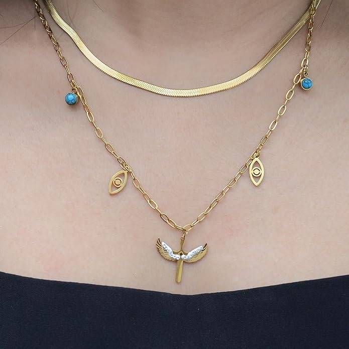 Gold Plated Double Layered Pheonix Eagle Pendant Necklace For Women : HSPANPD0IDSM0025