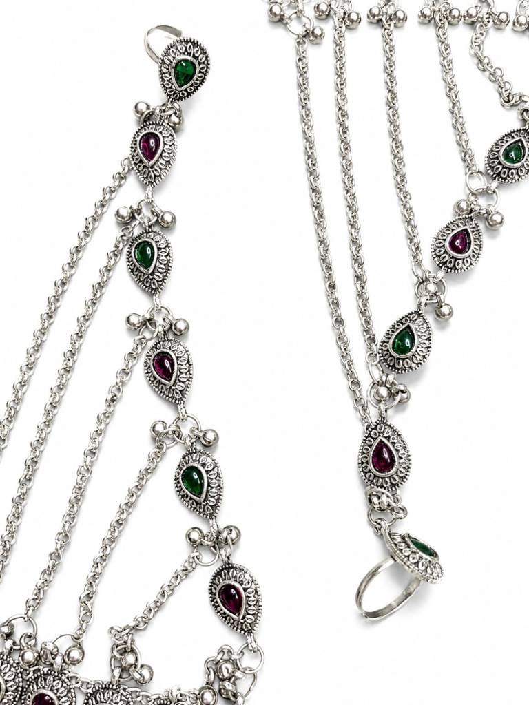 Oxidised Silver-Plated Kundan Stone-Studded Layered Anklet With Toe Ring : VI26ANK10006