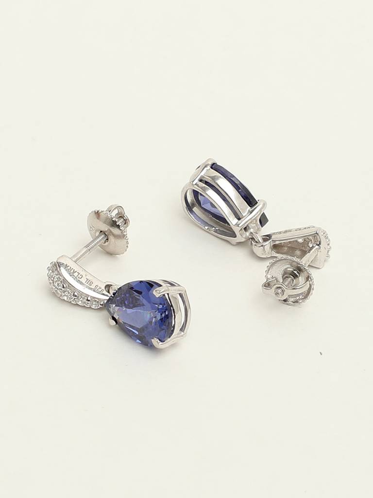 92.5 Sterling Silver Rhodium Plated Swiss Zirconia Royal Blue Tear Drop Earrings With Screw Back Gift For Women : CSCLRE4PR_BS