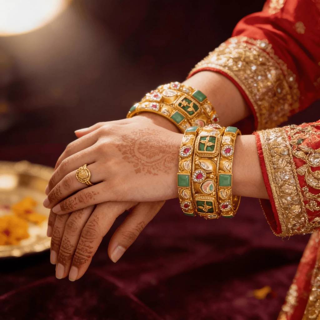 Gold-Tone Rajwadi Bangles With Green Stones & Ruby Accents : BV-BG-23-24
