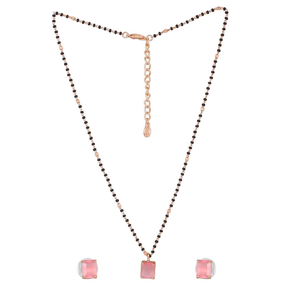 Estele Rose Gold Plated Cz Mangalsutra Necklace Set With Mint Pink Stones For Women