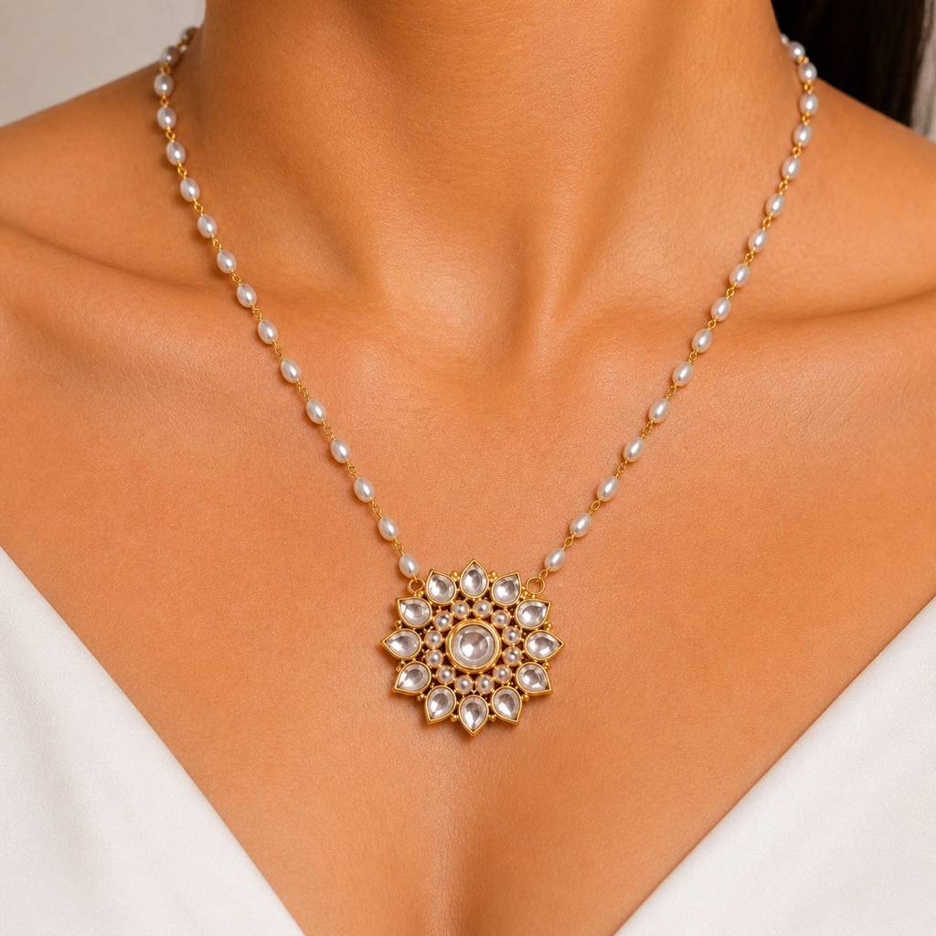 Pearl Beaded Chain Necklace With Kundan Star Flower Pendant : RRAPR26AID-76
