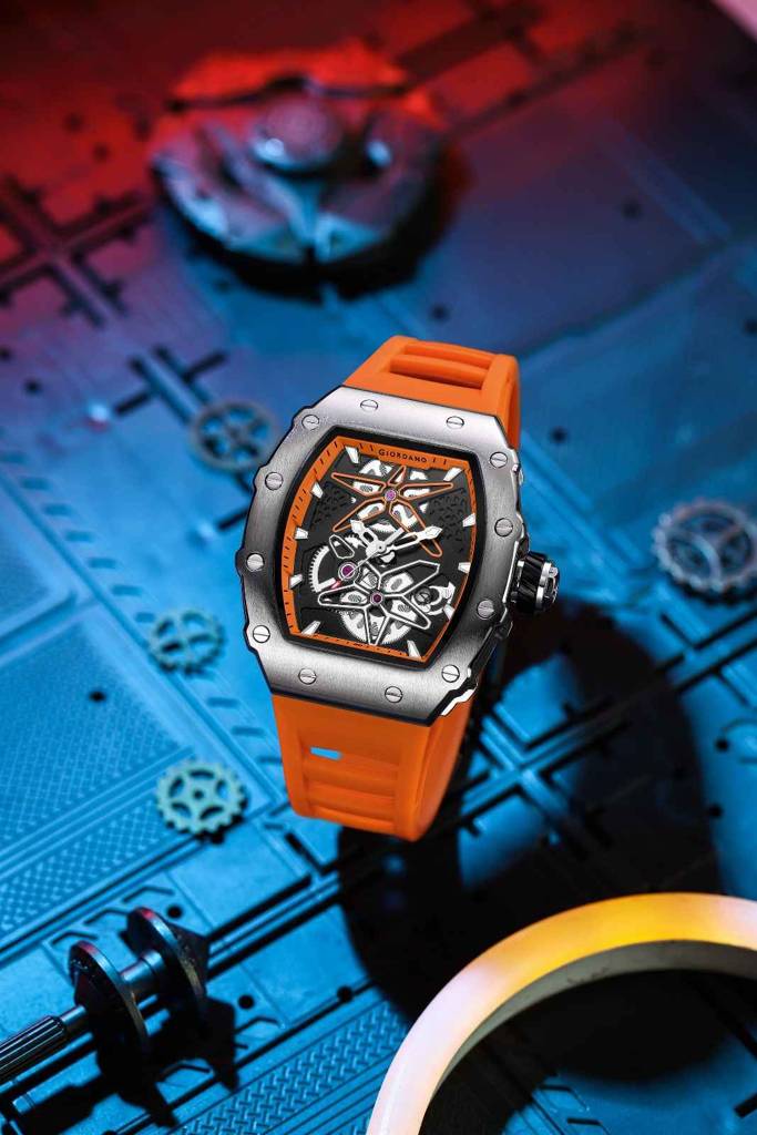Giordano Analog Skeleton Dial Watch For Men Â Tonneau Case, Silicone Strap, Open-Gear Sport Design, Quartz Mov : GZ-50188-55