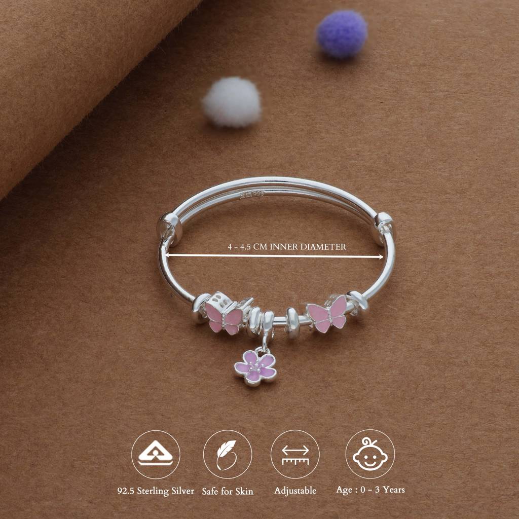Iyal Butterfly Blossom Drop Kid Silver Bangles (0–3 Yrs) | 999 Hallmark | Adjustable Daily Wear Baby Kada | : KB-CC-RH-A-161-P