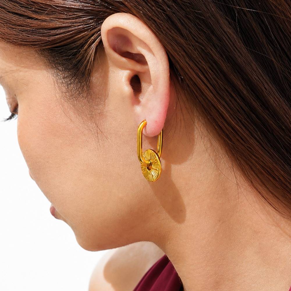 Women 18K Yellow Gold-Plated Sunburst Medallion Drop Hoop Earrings : 101194