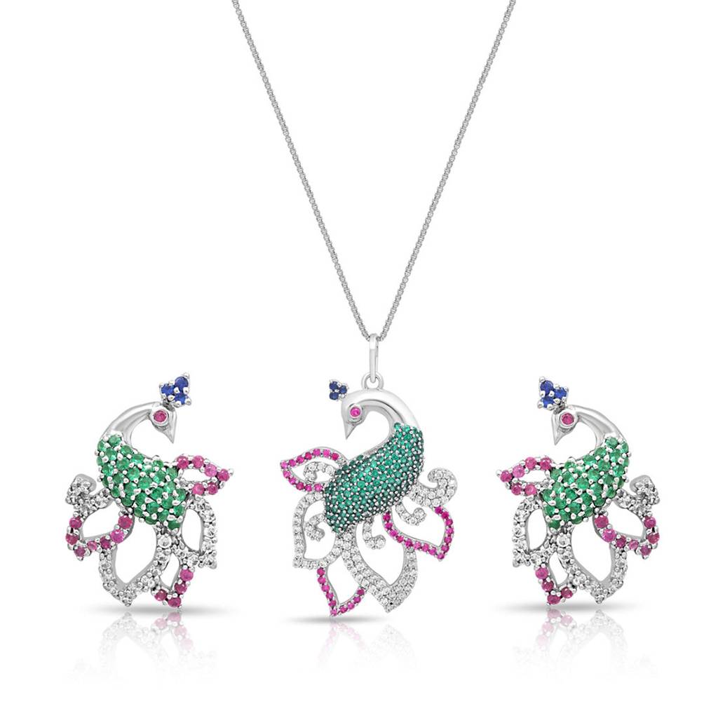 Exquisite Zavya 925 Silver Pendant With Peacock Style : PEN-30215-C-R