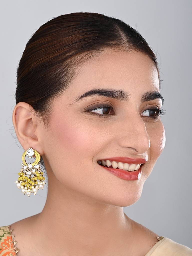 Gold-Plated Meenakari Stud Earrings With Kundan & Pearl Cluster Drops : S24FAER408YLW