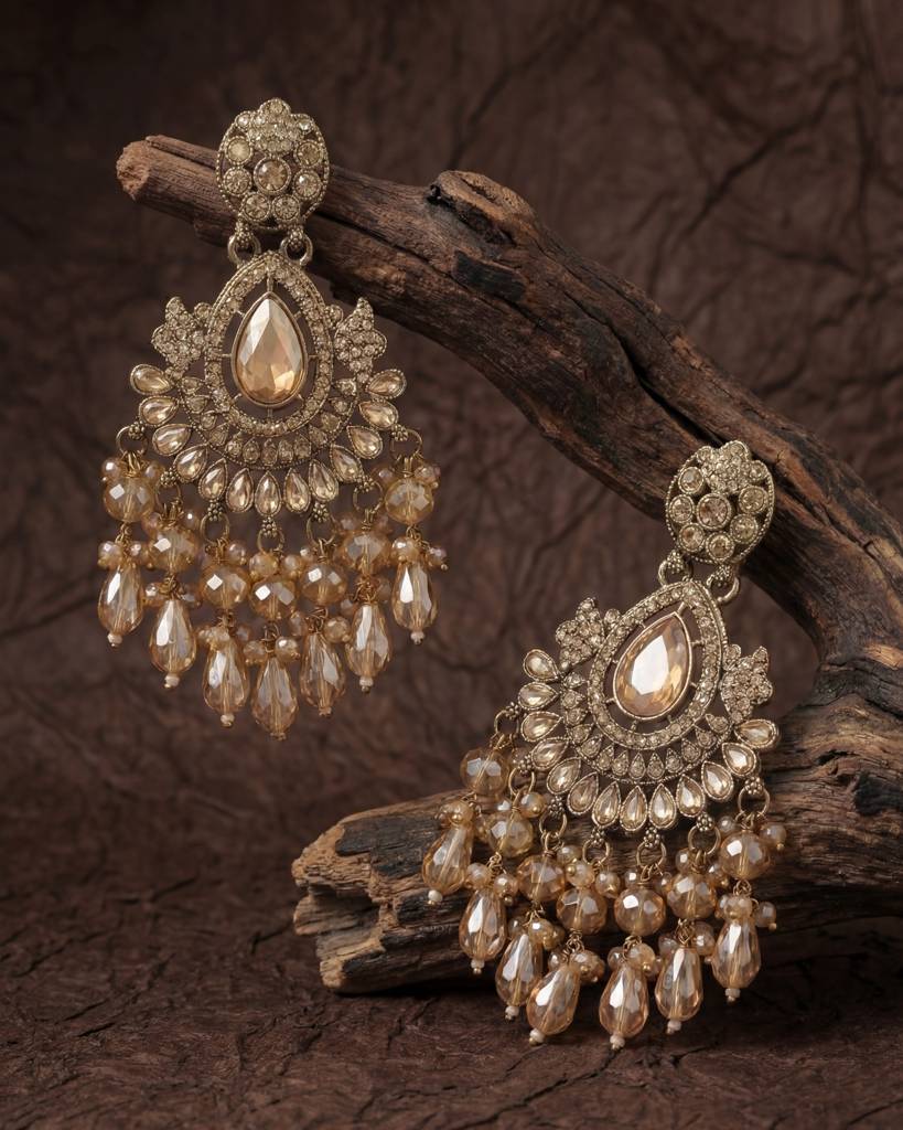 Gold Plated - Antique Gold Champagne Stone Long Earrings For Women : ORP207