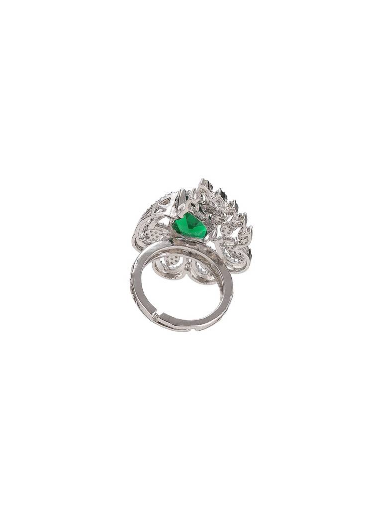 Silver Plated Green Emerald Green Ad Zircon Studded Designer Statement Adjustable Finger Ring : SJRG2882