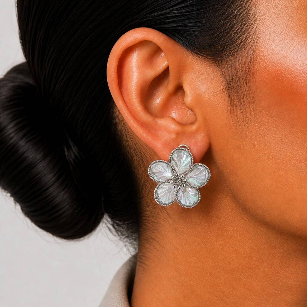 Iridescent Holographic Flower Stud Earrings — Silver : RRAPR26AID-65
