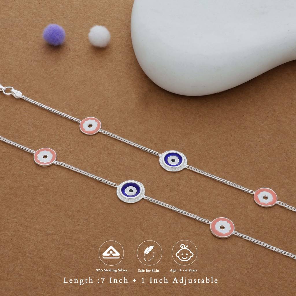 Evil Eye & Flower Charm 925 Silver Kid Anklet : KA-KC-RH-R-197-P