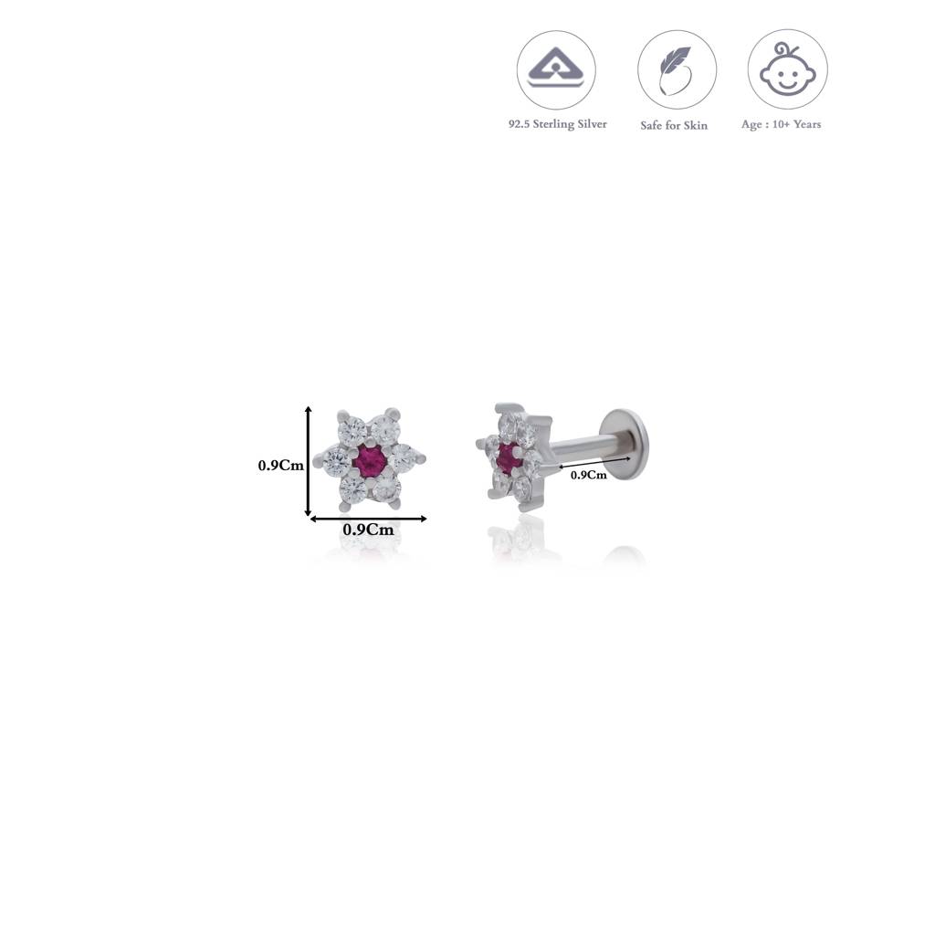 Pink Crystal Flower 925 Silver Stud For Kids & Teen(10+ Yrs) : KE-KS-RH-A-220-P
