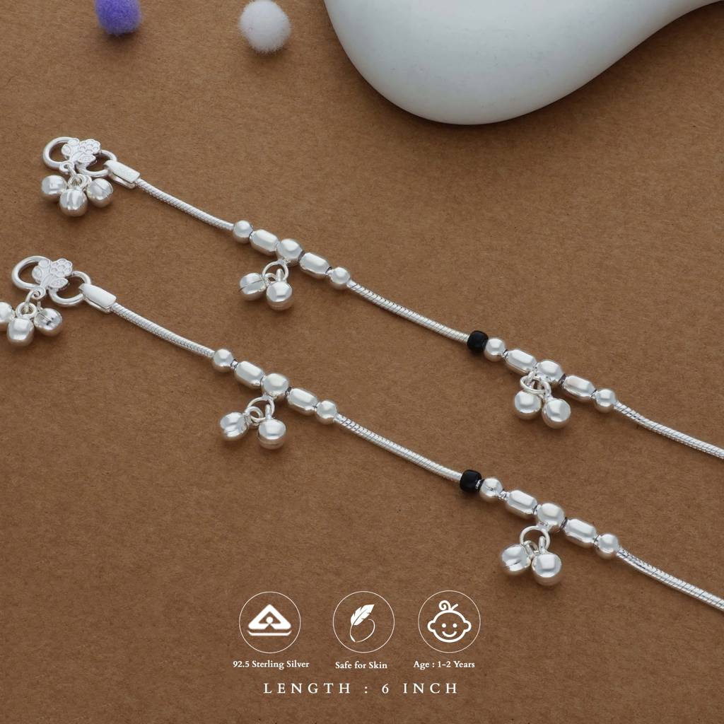 Tiny Taal Beaded Traditional 925 Silver Kid Anklet(1-2 Yrs) : KA-TU-RH-R-116-P