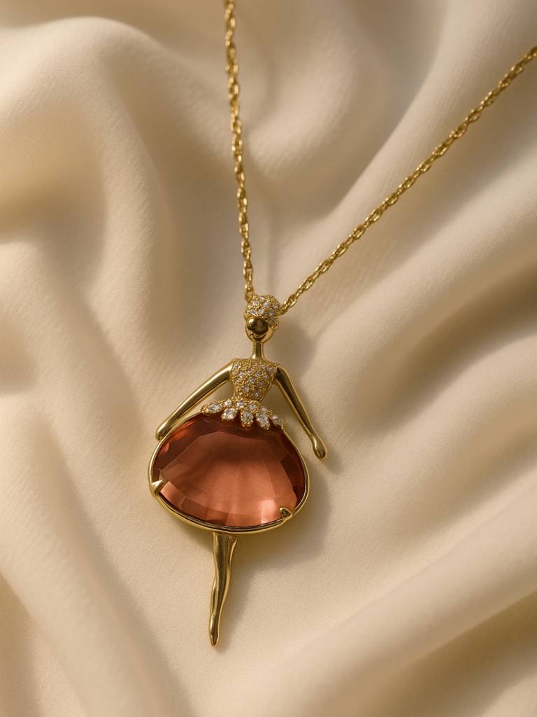Anti-Tarnish Angel Pendant Necklace With Peach Stone | 18K Gold Chain : ATC641ABPC
