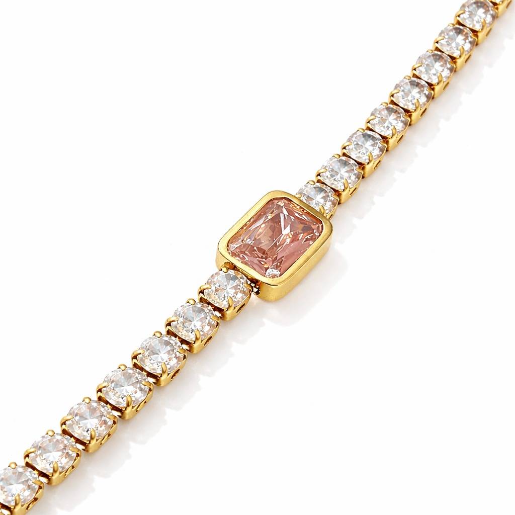 Gold Plated Pink Crystal Tennis Bracelet For Women | Elegant Party Wear Stone Bracelet : 100699