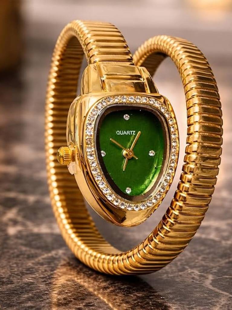 Emerald Dial Spiral Serpenti Gold Watch-Style Bracelet With Cz Stones : WA877EDSS