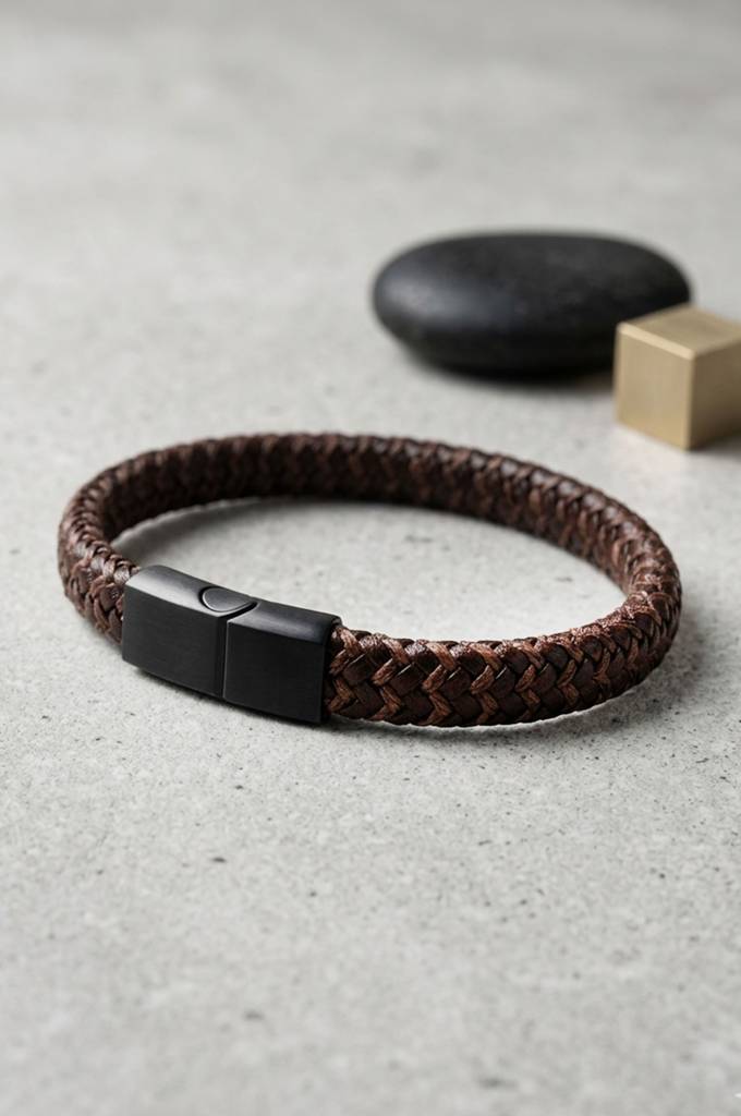Men'S Braided Brown Leather Stainless Steel Bracelet : MSBBBL7D007