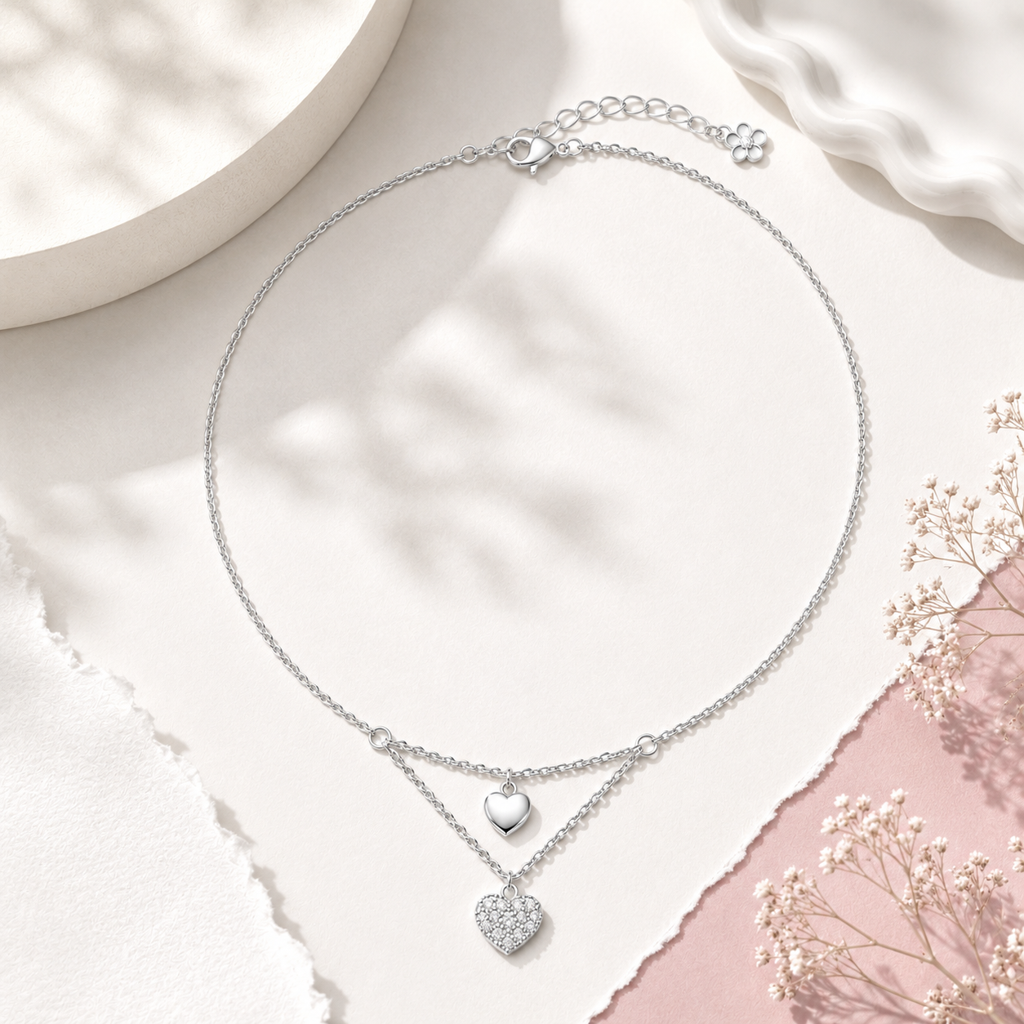 Silver Double Heart Charm Anklet : AN03511