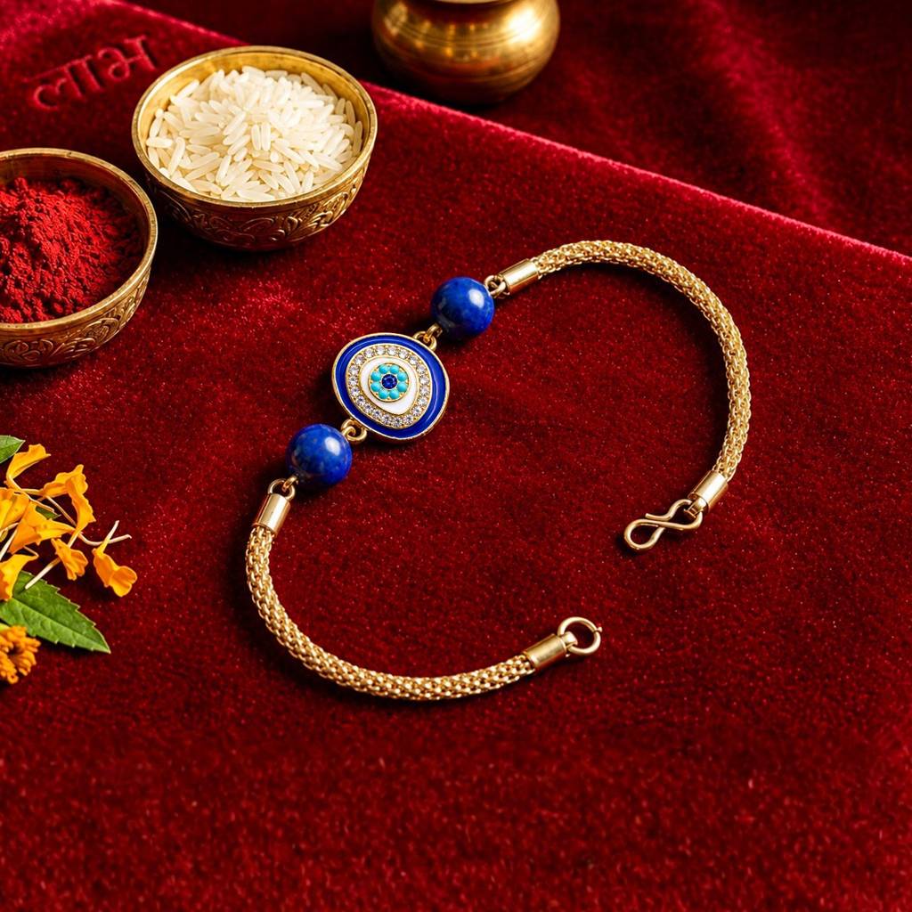 Artklim Blue Evil Eye Bhaiya Bhabhi Rakhi Set With Pearl Tassels : HSPS60MB1952