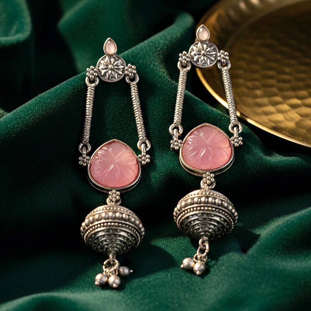 Trendy Celebrity Inspired Oxidised Stone Long Dangler Earrings : 370-KEG-13541-PK-S