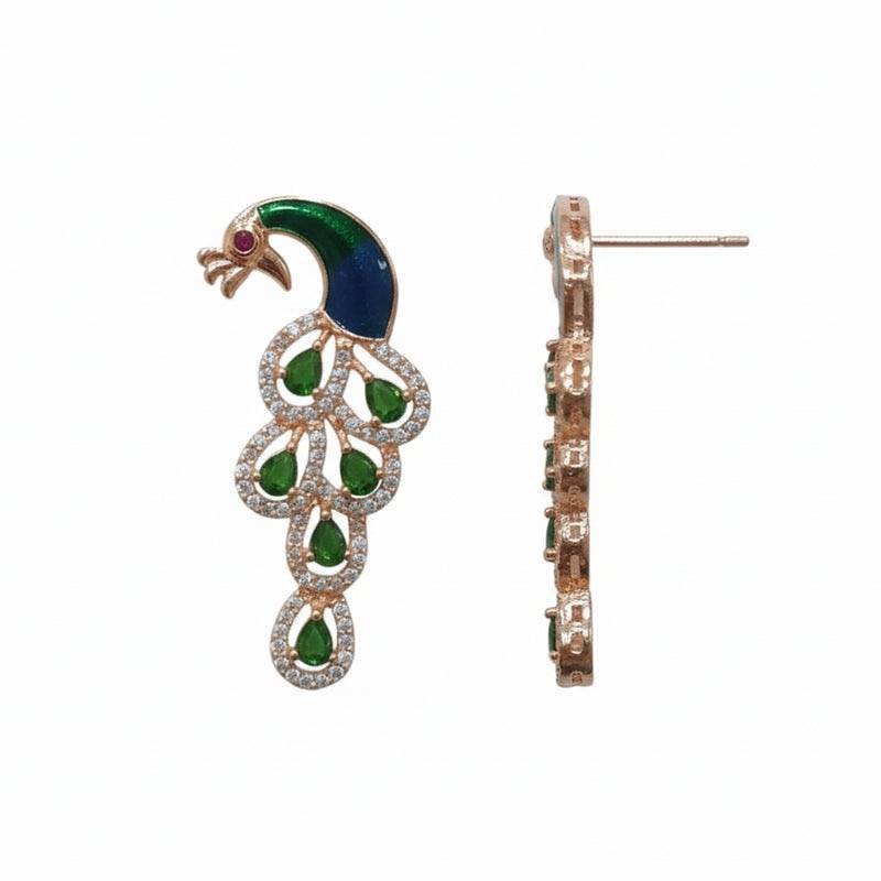 Classic Peacock Elegance Drop Earrings With Stone Embellishment| Occasion Wear : AD-918RGGNEER