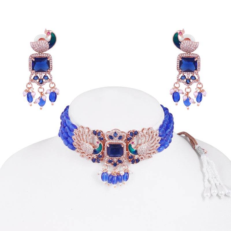 Luxury Rose Gold Finish Cz Multi String Choker Set – Bridal & Festive Wear : AD-934-RGBLNKER