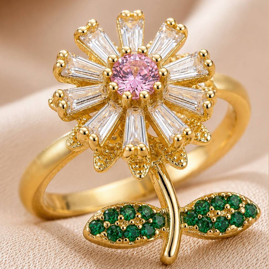 Pink Daisy Revolving Flower Crystal Adjustable Anti-Tarnish Ring For Women : JW-HSPS60MB1994