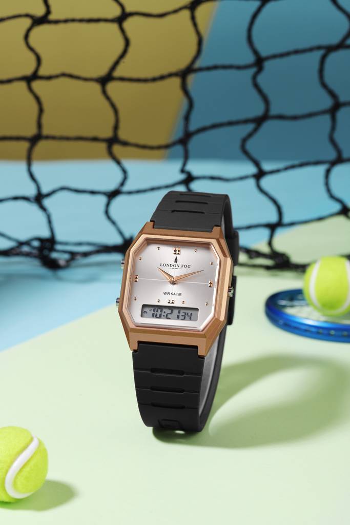 Analog-Digital Quartz Watch For Men With Square Dial, Crystal-Accent Hour Markers, Digital Time Display And Sili : LFM10014-02