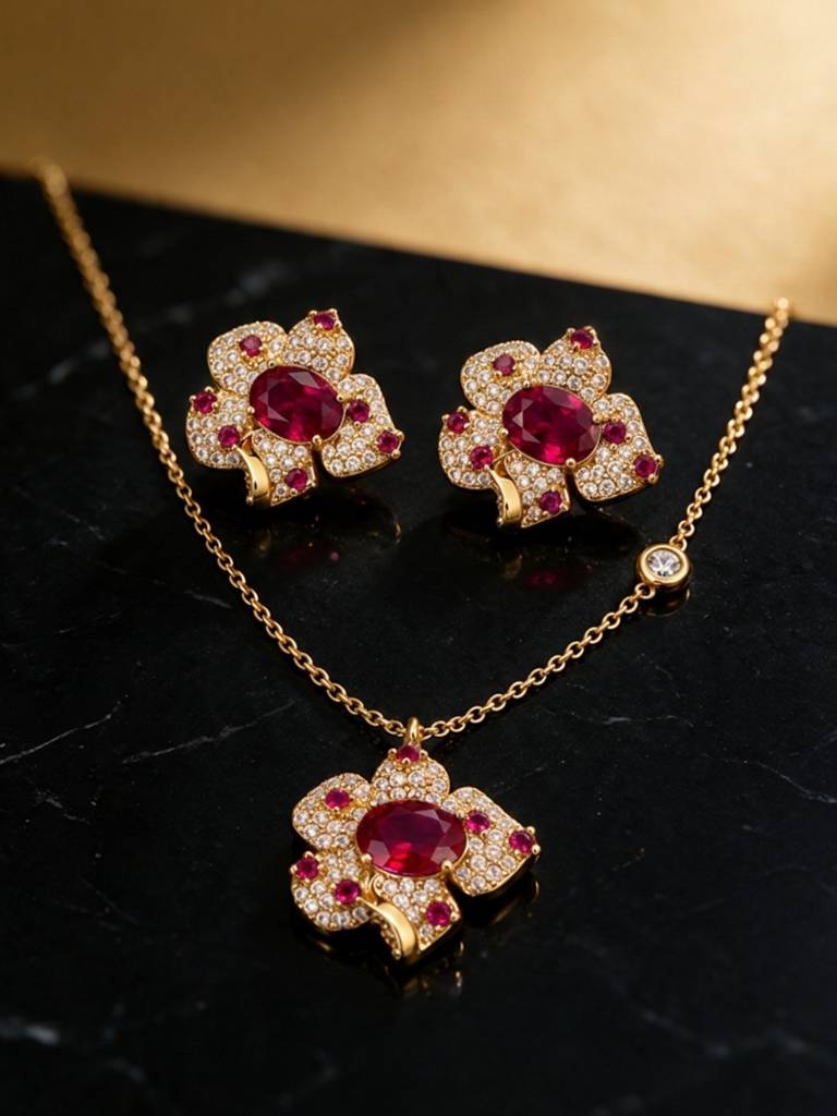 Boccio Pave Flower Necklace & Earring Set, 18K Gold-Plated : SET1020RSSS