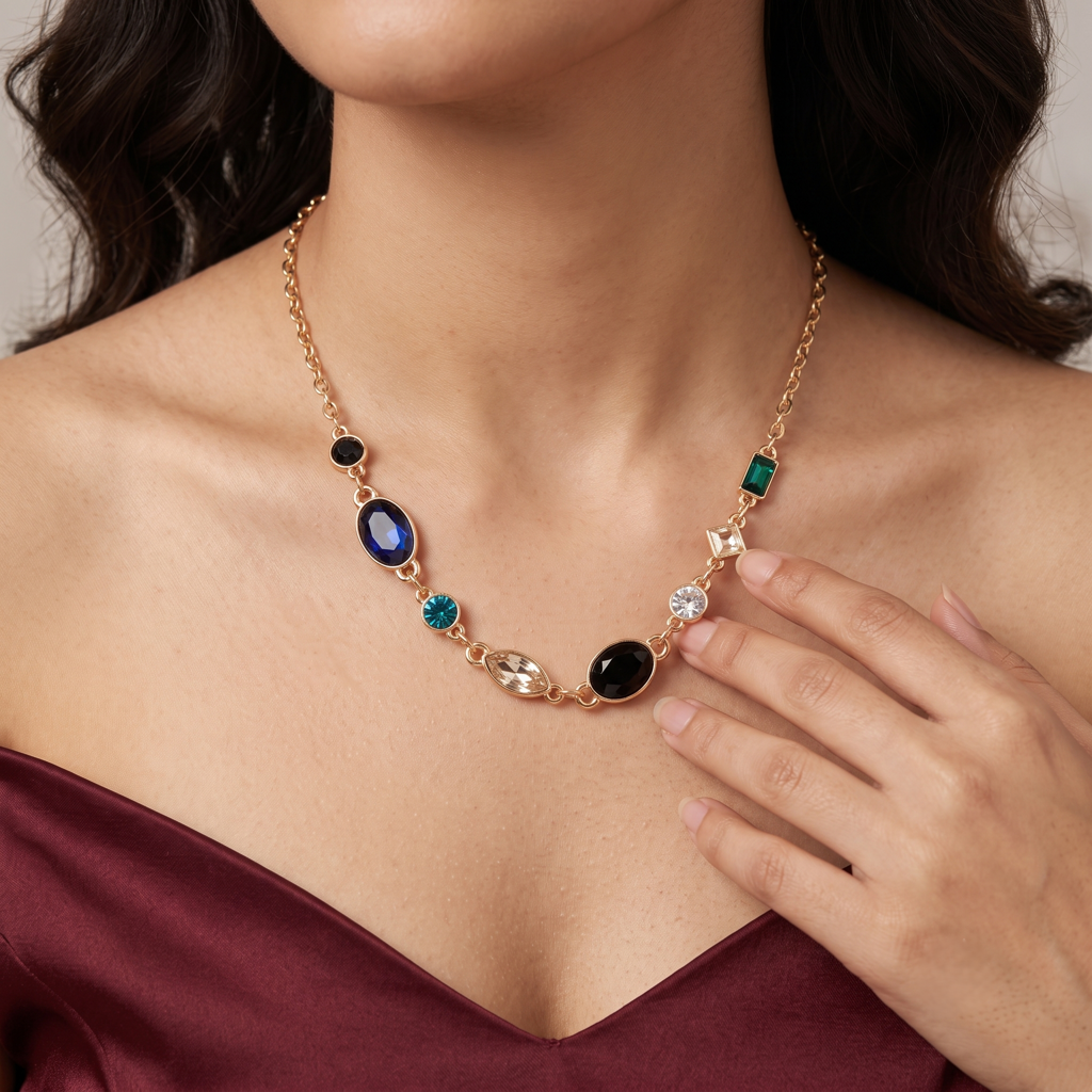 Gold Plated Brass Colorful Gem Pendant Necklace : SCDELNL0470