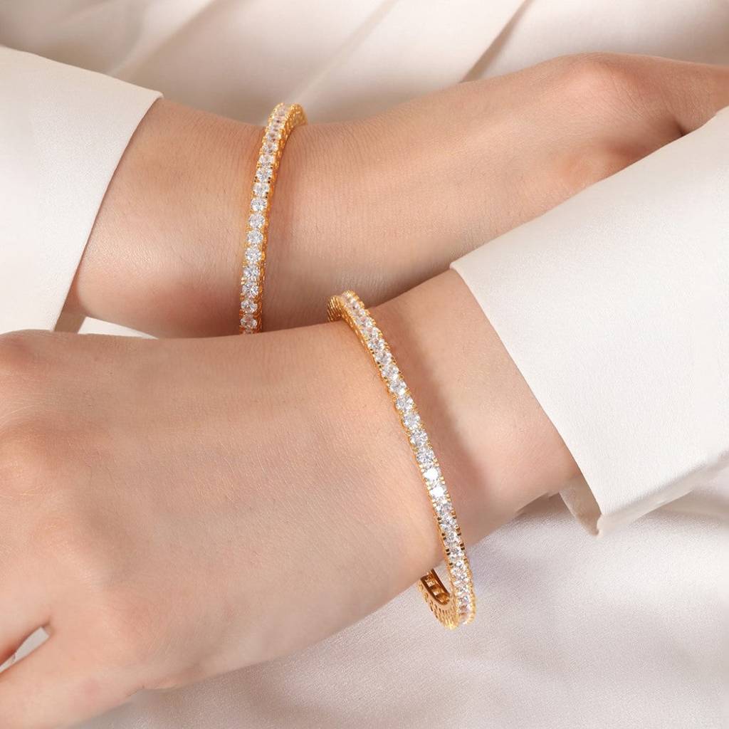 Gleaming Beauty Gold-Plated Bangle With White Cubic Zirconia : BA-90008-PAIR-2-4