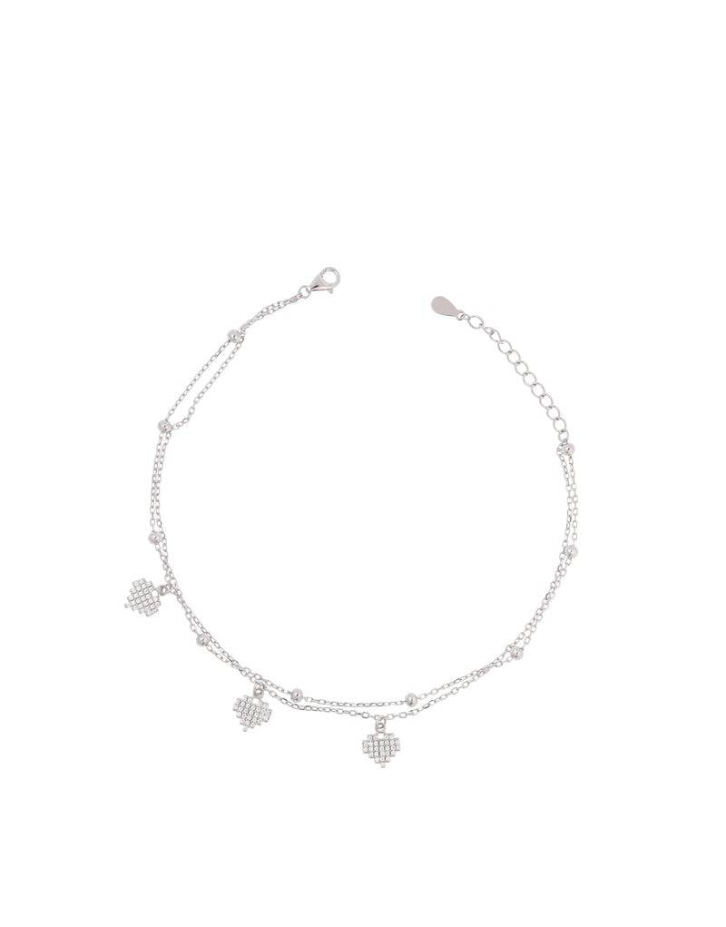 Link Chain & Heart Charms Sterling Silver Anklet : ANK-10028-1-R