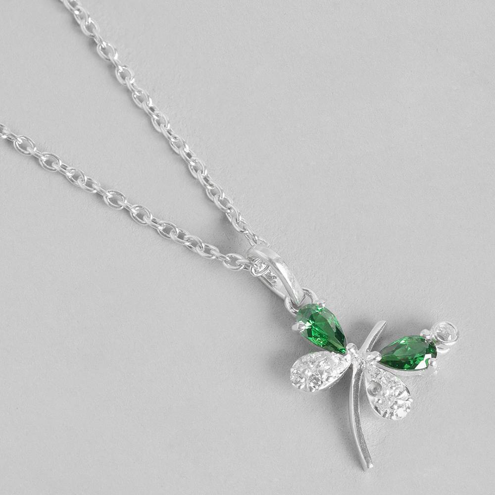 Dazzle In Simplicity With Our Minimal Silver Butterfly Necklace, Accentuated By A Captivating Aaa Grade Green And White 