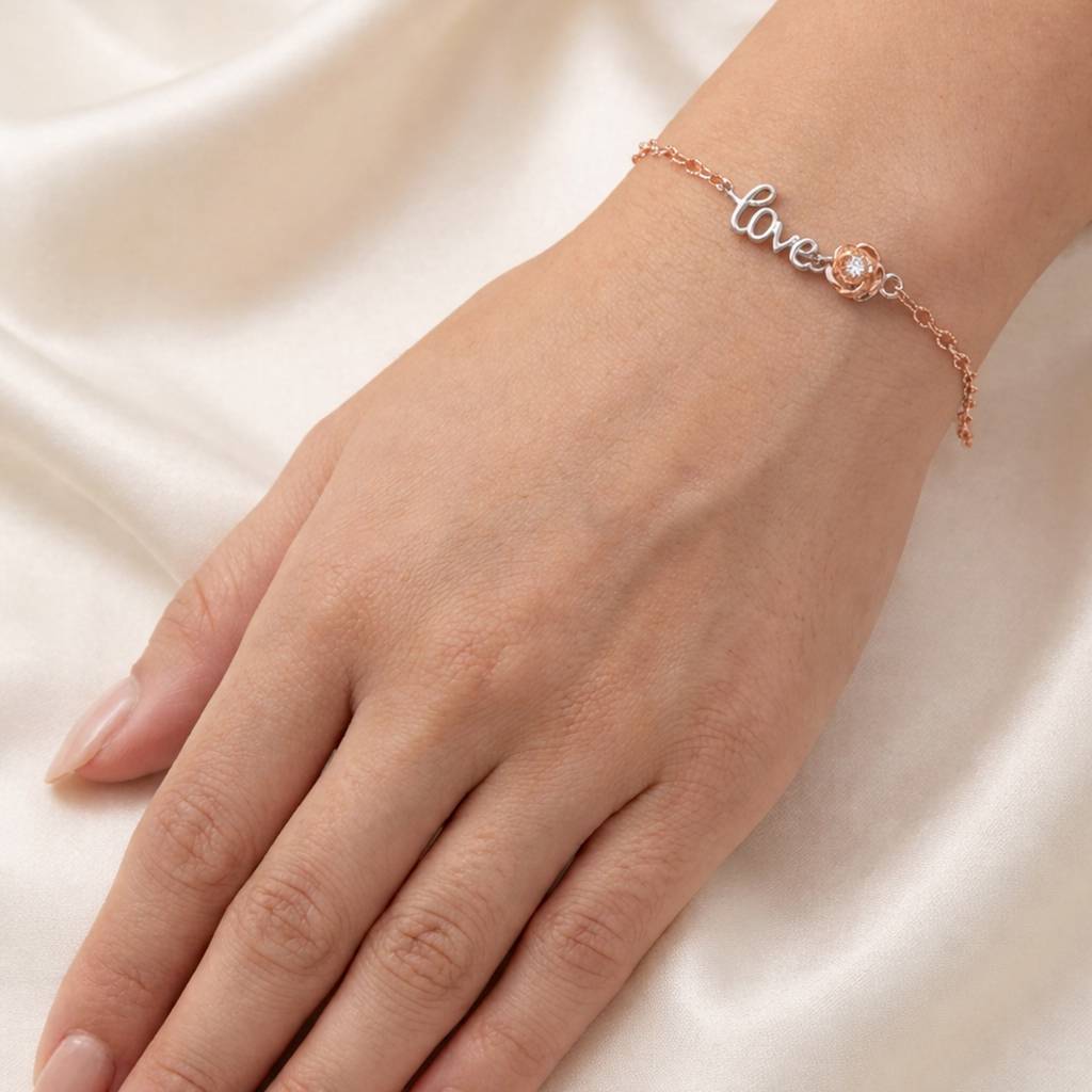 Two-Tone Rose & Love Script Bracelet : BR1150