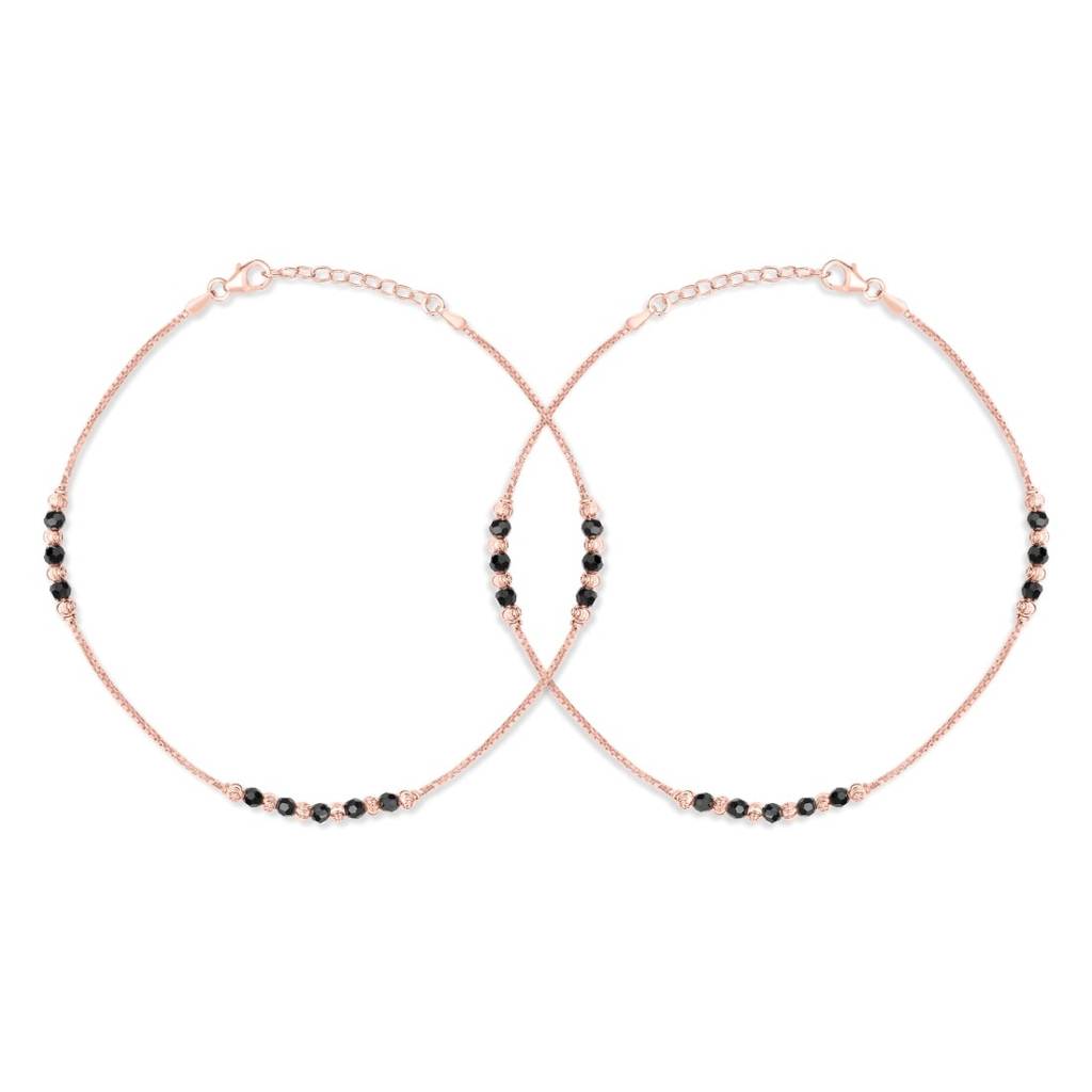 Raven Radiance Black Beads Rose Gold-Plated 925 Sterling Silver Adjustable Chain Anklet : ANK-60401-PAIR-RG