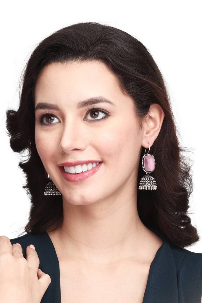 Oxidised Silver Cabochon Jhumka Drops : F23MHER014PNK