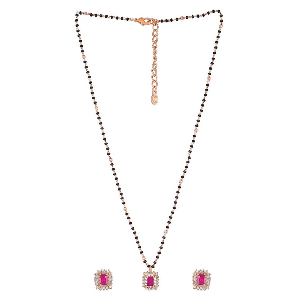 Estele Rose Gold Plated Cz Square Designer Mangalsutra Necklace Set With Ruby Stone For Women